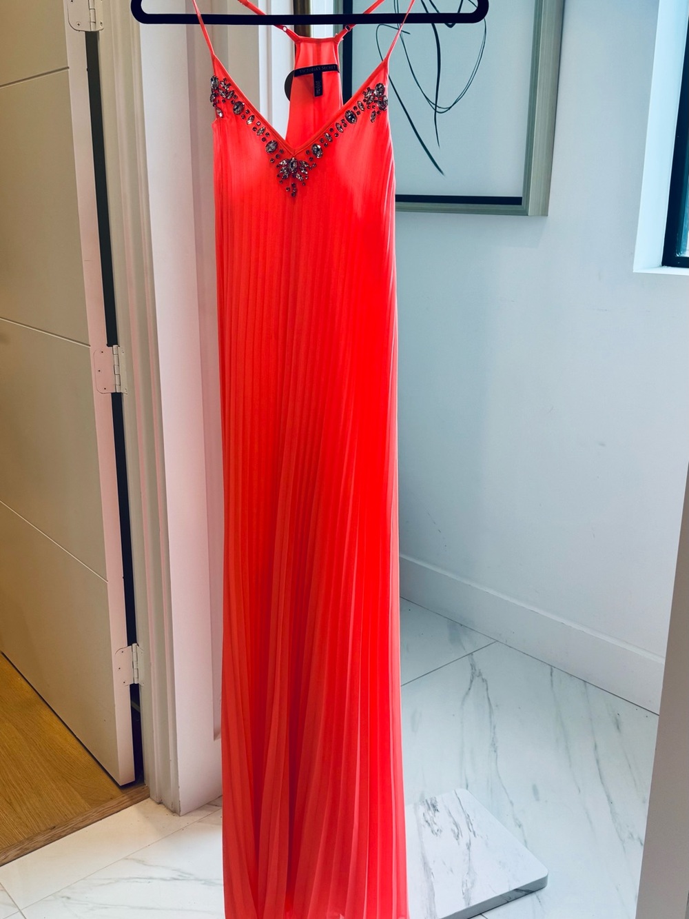 Neon/Coral Embellished Pleated Maxi Dress - small